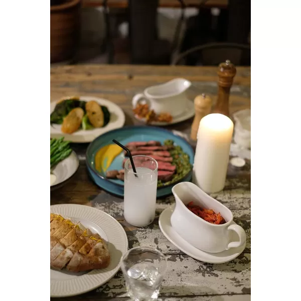 imageLE TAUCI 17oz Gravy Boat with Saucer Stand Set of 2 Ceramic Sauce Boat with Tray for Salad Dressings Creamer Broth Black Pepper WhiteWhite