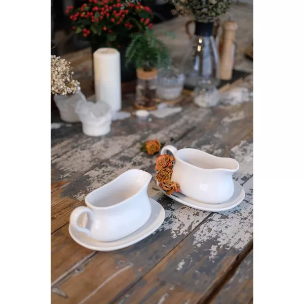 imageLE TAUCI 17oz Gravy Boat with Saucer Stand Set of 2 Ceramic Sauce Boat with Tray for Salad Dressings Creamer Broth Black Pepper WhiteWhite