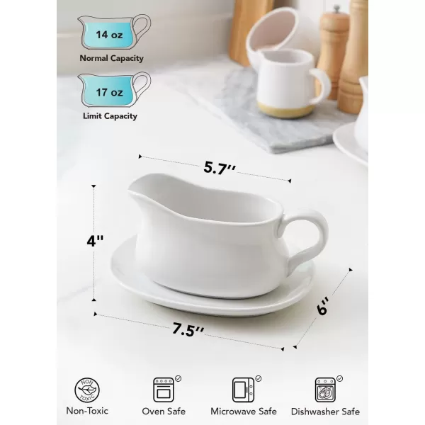 imageLE TAUCI 17oz Gravy Boat with Saucer Stand Set of 2 Ceramic Sauce Boat with Tray for Salad Dressings Creamer Broth Black Pepper WhiteWhite