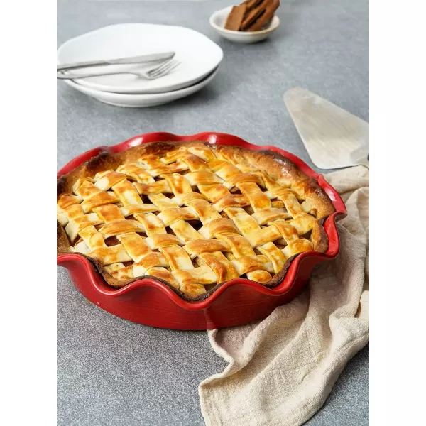 imageLE TAUCI Ceramic Pie Pans for Baking 11 Inches Deep Dish Pie Plate for Apple Pie Pot Pie 48 Ounce Baking Dish with Ruffled Edge Set of 2 WhiteRed