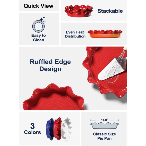 imageLE TAUCI Ceramic Pie Pans for Baking 11 Inches Deep Dish Pie Plate for Apple Pie Pot Pie 48 Ounce Baking Dish with Ruffled Edge Set of 2 WhiteRed