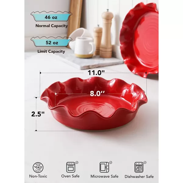 imageLE TAUCI Ceramic Pie Pans for Baking 11 Inches Deep Dish Pie Plate for Apple Pie Pot Pie 48 Ounce Baking Dish with Ruffled Edge Set of 2 WhiteRed