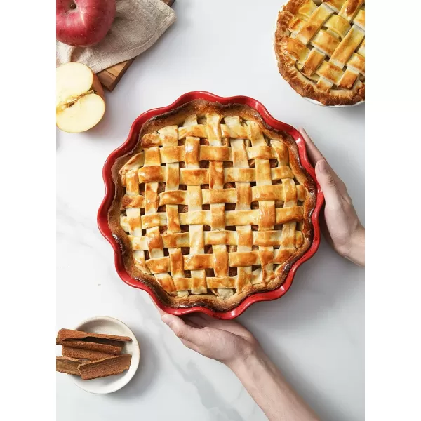 imageLE TAUCI Ceramic Pie Pans for Baking 11 Inches Deep Dish Pie Plate for Apple Pie Pot Pie 48 Ounce Baking Dish with Ruffled Edge Set of 2 WhiteRed
