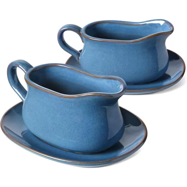 imageLE TAUCI 17oz Gravy Boat with Saucer Stand Set of 2 Ceramic Sauce Boat with Tray for Salad Dressings Creamer Broth Black Pepper WhiteCeylon Blue