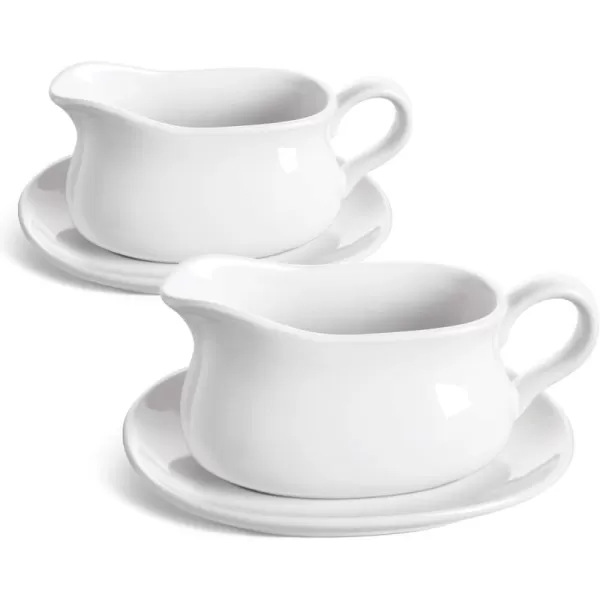 imageLE TAUCI 17oz Gravy Boat with Saucer Stand Set of 2 Ceramic Sauce Boat with Tray for Salad Dressings Creamer Broth Black Pepper WhiteWhite