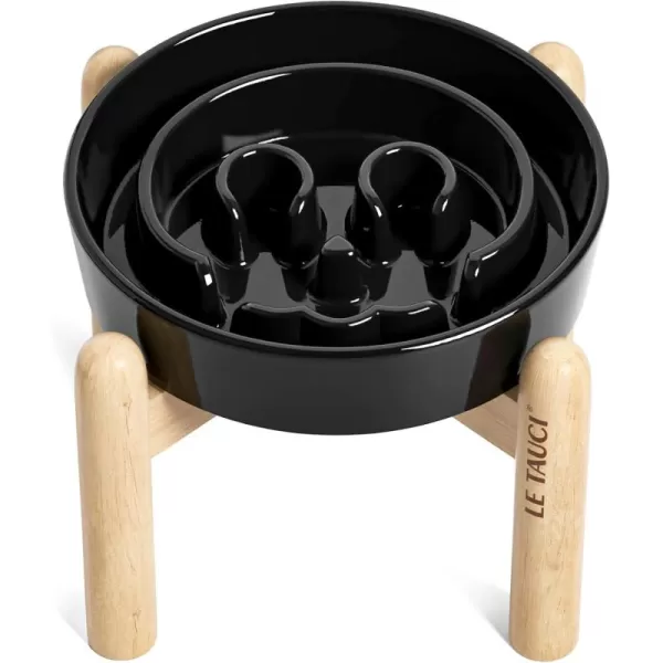 imageLE TAUCI Ceramic Slow Feeder Dog Bowls Elevated for Small and Medium Breed Dog Bowls with Wooden Stand 15 Cups Dog Dishes to Slow Down Eating AntiGulping Pet Feeding Dishes Vortex BlueSkull Black