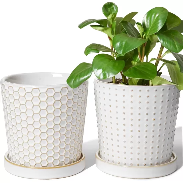 imageLE TAUCI Ceramic Plant Pots 54 Inch Pots for Indoor Plants Planters with Drainage Hole and Saucer Flower Pots for Succulent Snake Plants and Cactus Set of 2 Reactive Glaze White54 inch