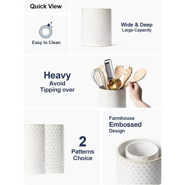 imageLE TAUCI Utensil Holder 71quot Ceramic Kitchen Utensil Holder for Counter top Embossed Cooking Utensil Organizer for Spatula ampamp Spoon Kitchen Decor Set of 1 Arctic White CloverClover