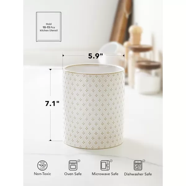 imageLE TAUCI Utensil Holder 71quot Ceramic Kitchen Utensil Holder for Counter top Embossed Cooking Utensil Organizer for Spatula ampamp Spoon Kitchen Decor Set of 1 Arctic White CloverClover