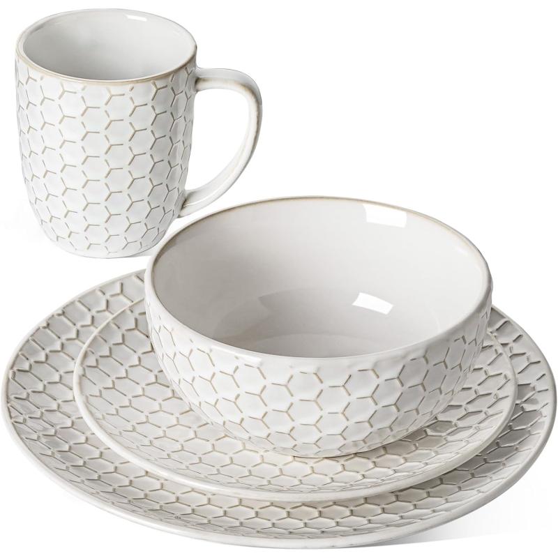 imageLE TAUCI Dinnerware Sets 4 Piece Ceramic Plates and Bowls With Mugs SetServe for 110quot Dinner Plates  8quot Salad Dish  26 oz Cereal Bowl12 oz Coffee MugHoneycombArctic White