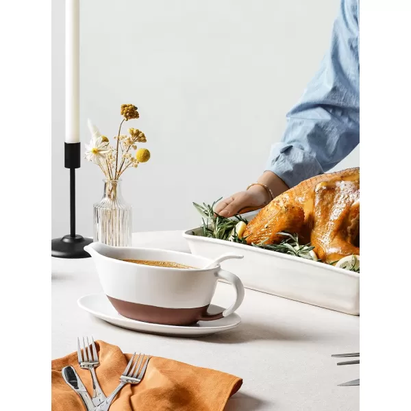 imageLE TAUCI 16 OZ Gravy Boat with Ladle and Saucer Ceramic Gravy Bowl with Tray and Ladle for Thanksgiving Dinner Microwave and Dishwasher Safe Chestnut Red and WhiteChestnut Red  White