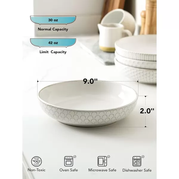 imageLE TAUCI Pasta Bowl 36 oz Salad Bowl Serving Plate Bowls Housewarming Wedding Present Ceramic Embossment Bowl for Pasta Fruits Salad Noodle Dinner  8 Inch Set of 4 Arctic White42 oz