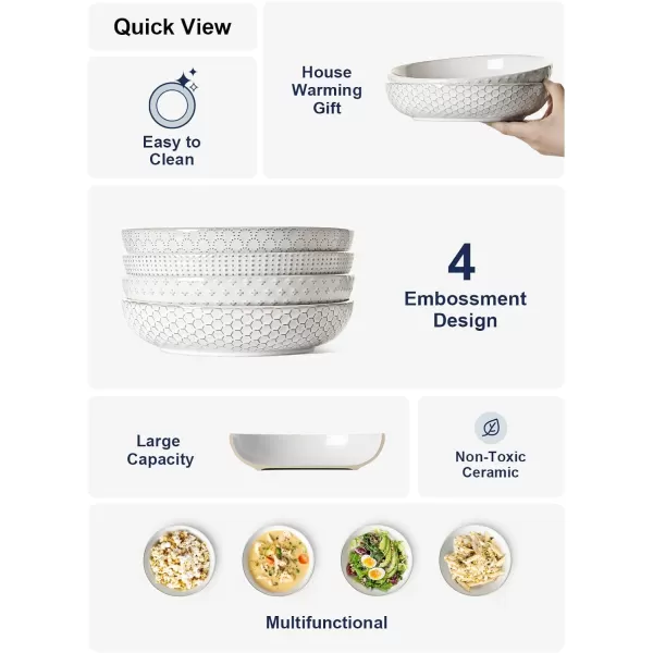 imageLE TAUCI Pasta Bowl 36 oz Salad Bowl Serving Plate Bowls Housewarming Wedding Present Ceramic Embossment Bowl for Pasta Fruits Salad Noodle Dinner  8 Inch Set of 4 Arctic White42 oz