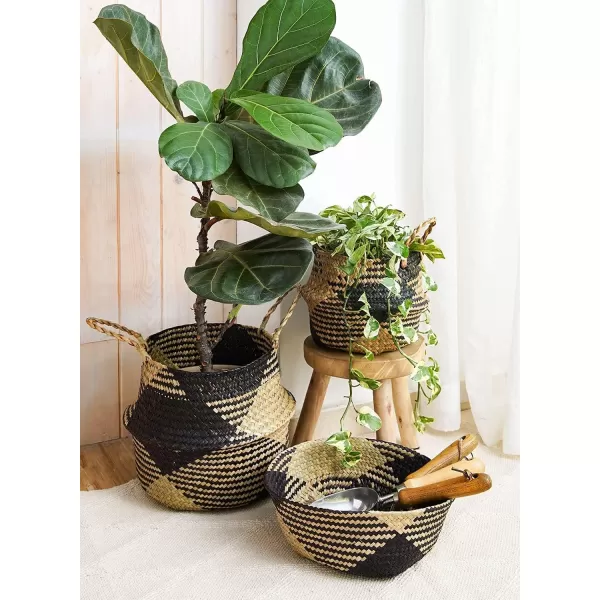 imageLE TAUCI Plant Baskets with Liner Woven Seagrass Planter Basket with Handles Indoor Home Decor Storage Laundry Picnic Grocery Straw Beach Bag Set of 3 SML Black Block