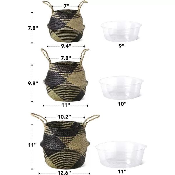 imageLE TAUCI Plant Baskets with Liner Woven Seagrass Planter Basket with Handles Indoor Home Decor Storage Laundry Picnic Grocery Straw Beach Bag Set of 3 SML Black Block