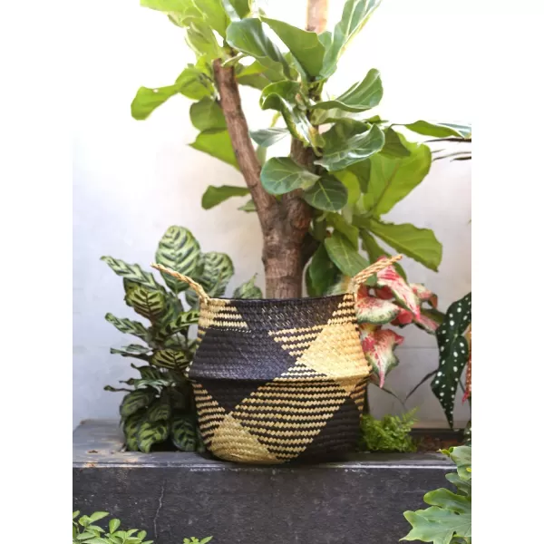 imageLE TAUCI Seagrass Belly Basket Woven Plant Pot Basket Home Decor Storage Laundry Picnic Grocery Straw Beach Bag Small  Medium  Large Black Block