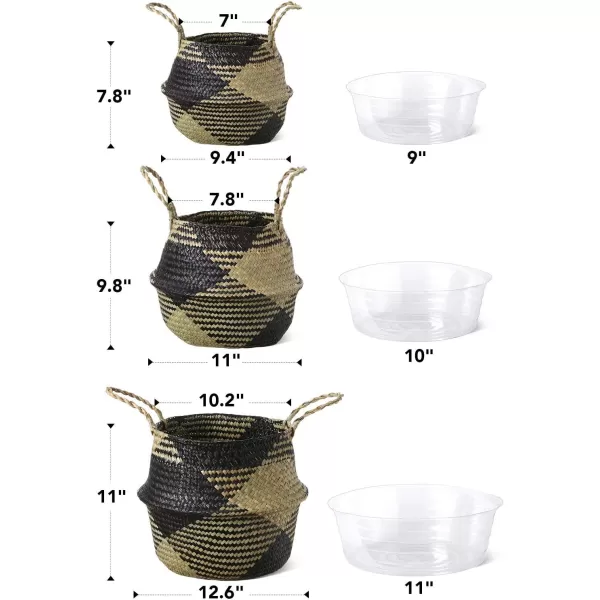 imageLE TAUCI Seagrass Belly Basket Woven Plant Pot Basket Home Decor Storage Laundry Picnic Grocery Straw Beach Bag Small  Medium  Large Black Block