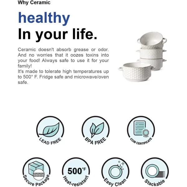 imageLE TAUCI Soup Bowls with Handles 20 oz French Onion Soup Crocks Stackable Soup Bowl Oven Safe for Chili Beef Stew Embossment Ceramic Bowl Set  54 Inch Set of 4 Arctic White