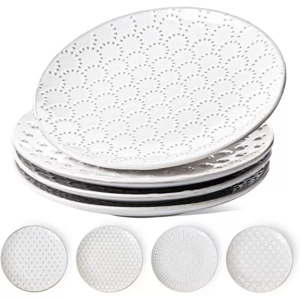 imageLE TAUCI Dinner Plates 10 Inch Ceramic Dish Set for Kitchen Embossed Serving Dish Microwave Oven Dishwasher Safe For Housewarming or Wedding  Set of 4 Arctic white8 inch