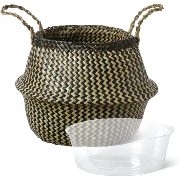 imageE TAUCI Seagrass Belly Basket Woven Plant Pot Basket Home Decor Storage Laundry Picnic Grocery Straw Beach Bag SmallLarge Black Strips
