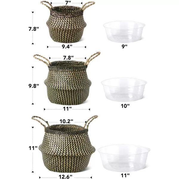 imageE TAUCI Seagrass Belly Basket Woven Plant Pot Basket Home Decor Storage Laundry Picnic Grocery Straw Beach Bag SmallLarge Black Strips
