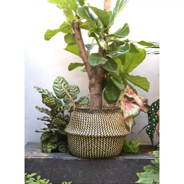 imageE TAUCI Seagrass Belly Basket Woven Plant Pot Basket Home Decor Storage Laundry Picnic Grocery Straw Beach Bag SmallLarge Black Strips