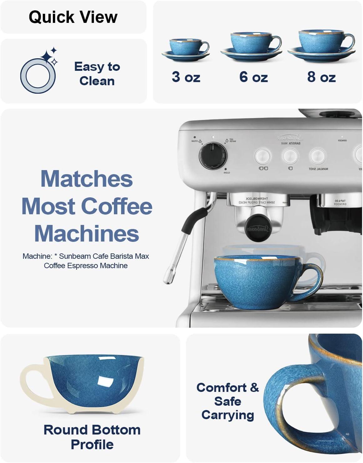 imageLE TAUCI 8 oz Cappuccino Cups with Saucers Ceramic Large Coffee Cup for Au Lait Double shot Latte Cafe Mocha Tea  Set of 4 Ceylon Blue