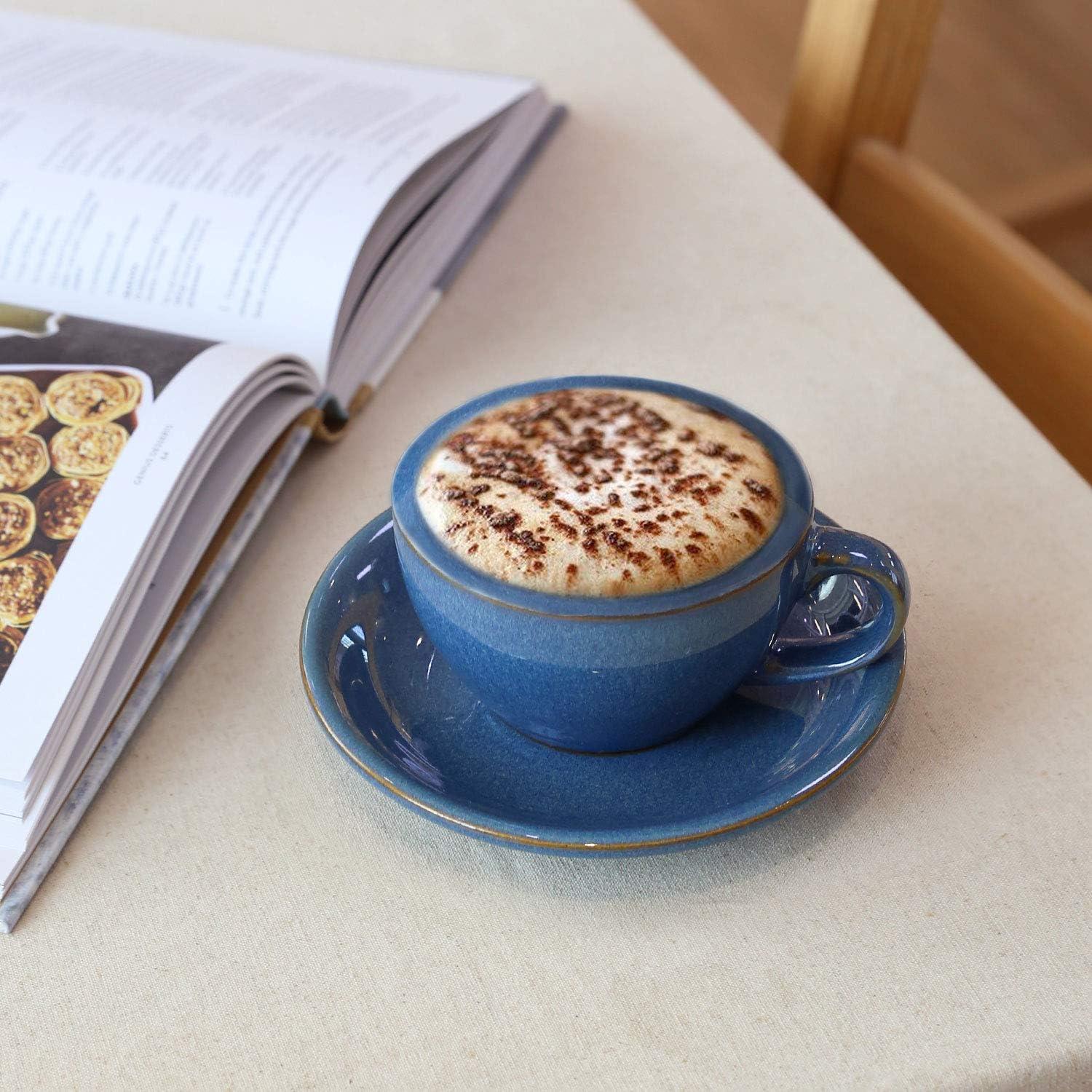 imageLE TAUCI 8 oz Cappuccino Cups with Saucers Ceramic Large Coffee Cup for Au Lait Double shot Latte Cafe Mocha Tea  Set of 4 Ceylon Blue
