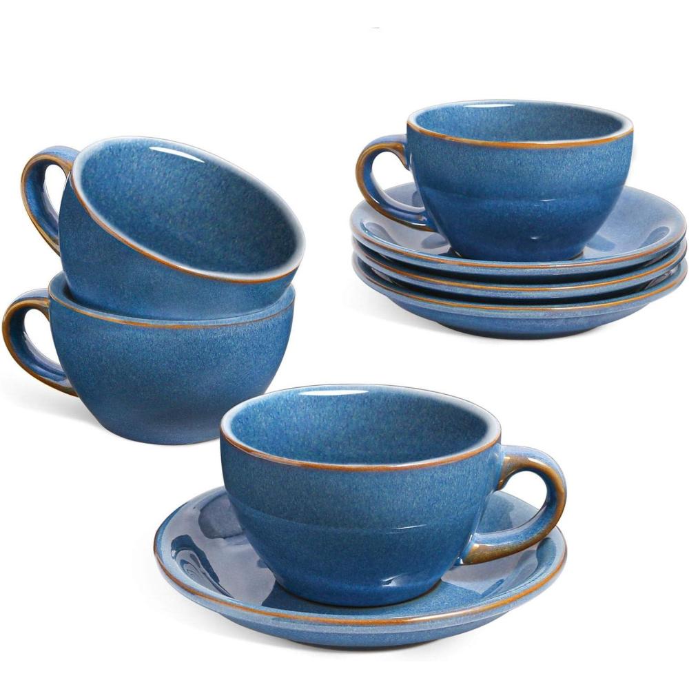 imageLE TAUCI 8 oz Cappuccino Cups with Saucers Ceramic Large Coffee Cup for Au Lait Double shot Latte Cafe Mocha Tea  Set of 4 Ceylon Blue