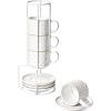 imageLE TAUCI Stackable Espresso Cups with Saucers and Stand Ceramic Coffee Embossment Coffee Cup for Double shot Lungo Ristretto Suit For Housewarming Wedding 4 oz Set of 4 Arctic white