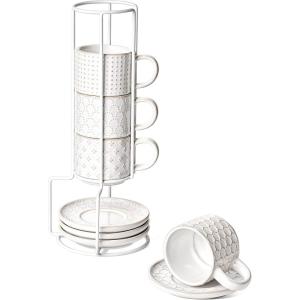 imageLE TAUCI Stackable Espresso Cups with Saucers and Stand Ceramic Coffee Embossment Coffee Cup for Double shot Lungo Ristretto Suit For Housewarming Wedding 4 oz Set of 4 Arctic white