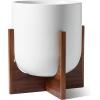 imageLE TAUCI 10 Inch Planter with Acacia Wood Stand Ceramic Planters for Indoor Plants Unique Plant Pots Indoor for Home Decor Cylinder Pots for Plants with Drainage Hole and Plug Neutral GrayWhite