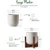 imageLE TAUCI 10 Inch Planter with Acacia Wood Stand Ceramic Planters for Indoor Plants Unique Plant Pots Indoor for Home Decor Cylinder Pots for Plants with Drainage Hole and Plug Neutral GrayNeutral Gray
