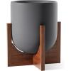 imageLE TAUCI 10 Inch Planter with Acacia Wood Stand Ceramic Planters for Indoor Plants Unique Plant Pots Indoor for Home Decor Cylinder Pots for Plants with Drainage Hole and Plug Neutral GrayCharcoal Gray