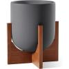 imageLE TAUCI 10 Inch Planter with Acacia Wood Stand Ceramic Planters for Indoor Plants Unique Plant Pots Indoor for Home Decor Cylinder Pots for Plants with Drainage Hole and Plug Neutral GrayCharcoal Gray