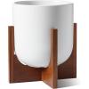 imageLE TAUCI 10 Inch Planter with Acacia Wood Stand Ceramic Planters for Indoor Plants Unique Plant Pots Indoor for Home Decor Cylinder Pots for Plants with Drainage Hole and Plug Neutral GrayWhite