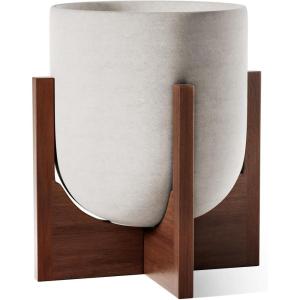 imageLE TAUCI 10 Inch Planter with Acacia Wood Stand Ceramic Planters for Indoor Plants Unique Plant Pots Indoor for Home Decor Cylinder Pots for Plants with Drainage Hole and Plug Neutral GrayNeutral Gray
