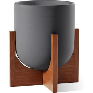imageLE TAUCI 10 Inch Planter with Acacia Wood Stand Ceramic Planters for Indoor Plants Unique Plant Pots Indoor for Home Decor Cylinder Pots for Plants with Drainage Hole and Plug Neutral GrayCharcoal Gray