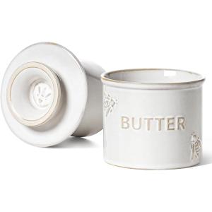 imageLE TAUCI Butter Crock Butter Keeper for Countertop with Water Line Embossed French Butter Container for Spreadable Butter Dishwasher Safe  Bee Pattern 5 oz Set of 1 Arctic White