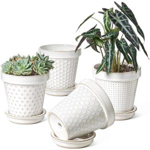 imageLE TAUCI Ceramic Plant Pots 49 Inch Flower Pots with Drainage Hole ampamp Saucer Embossed Planter Pots for Indoor Plant Succulent Orchid Cactus Home Decor  Set of 4 Arctic White6 inch