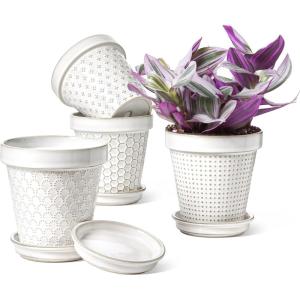 imageLE TAUCI Ceramic Plant Pots 49 Inch Flower Pots with Drainage Hole ampamp Saucer Embossed Planter Pots for Indoor Plant Succulent Orchid Cactus Home Decor  Set of 4 Arctic White49 inch
