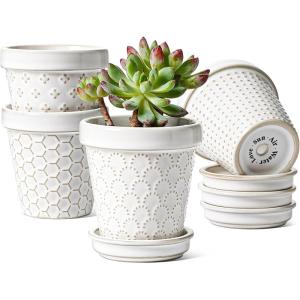 imageLE TAUCI Ceramic Plant Pots 49 Inch Flower Pots with Drainage Hole ampamp Saucer Embossed Planter Pots for Indoor Plant Succulent Orchid Cactus Home Decor  Set of 4 Arctic White3 inch