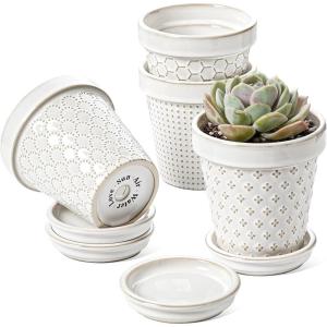 imageLE TAUCI Ceramic Plant Pots 49 Inch Flower Pots with Drainage Hole ampamp Saucer Embossed Planter Pots for Indoor Plant Succulent Orchid Cactus Home Decor  Set of 4 Arctic White4 inch