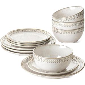 imageLE TAUCI Dinnerware Sets for 4 Stoneware 12 Piece Ceramic Plates ampamp Bowls  OvenDishwasherMicrowave Safe  Housewarming Gift  Reactive Beige 10quot Plate8quot Dish27oz Bowl