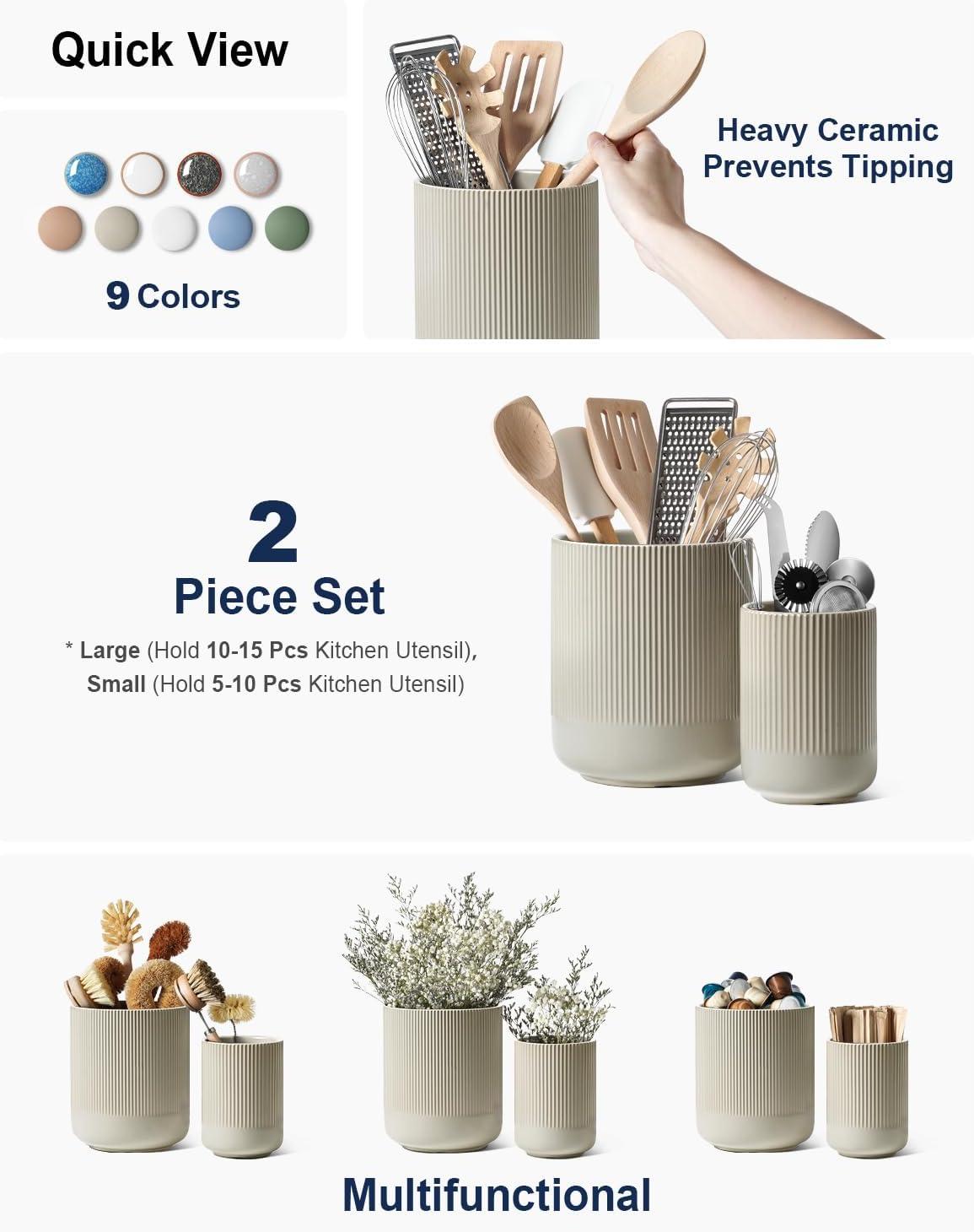 imageLE TAUCI Utensil Holder 73quot54quot Ceramic Kitchen Utensil Holder for Countertop Large Cooking Utensil Crocks for Kitchen Counter Modern Utensil Organizer for Spatula Set of 2 Forest GreenOatmeal Greige