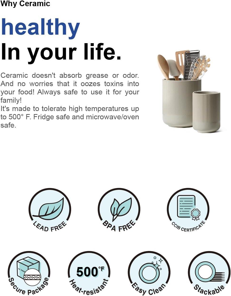 imageLE TAUCI Utensil Holder 73quot54quot Ceramic Kitchen Utensil Holder for Countertop Large Cooking Utensil Crocks for Kitchen Counter Modern Utensil Organizer for Spatula Set of 2 Forest GreenOatmeal Greige