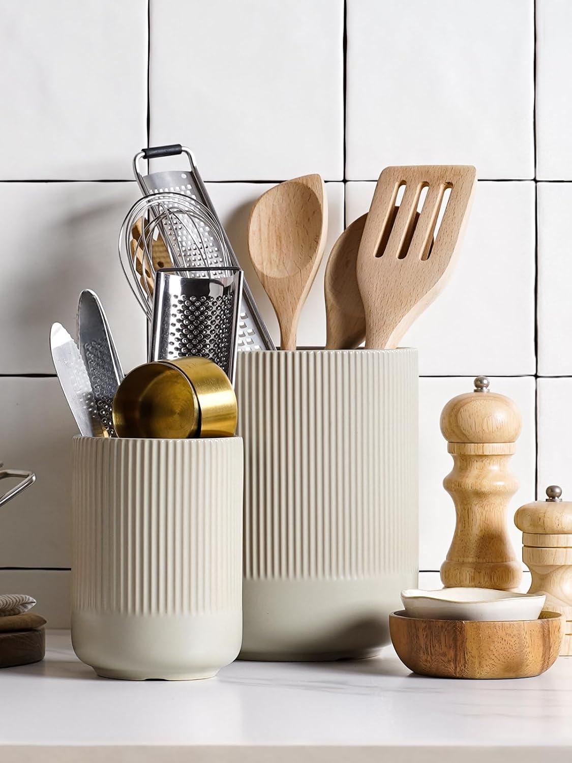 imageLE TAUCI Utensil Holder 73quot54quot Ceramic Kitchen Utensil Holder for Countertop Large Cooking Utensil Crocks for Kitchen Counter Modern Utensil Organizer for Spatula Set of 2 Forest GreenOatmeal Greige
