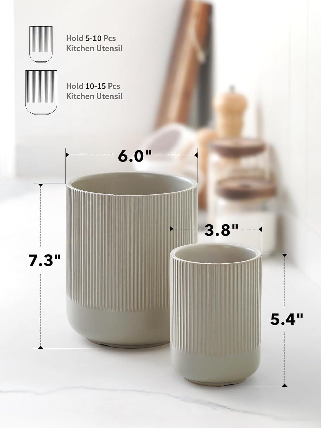 imageLE TAUCI Utensil Holder 73quot54quot Ceramic Kitchen Utensil Holder for Countertop Large Cooking Utensil Crocks for Kitchen Counter Modern Utensil Organizer for Spatula Set of 2 Forest GreenOatmeal Greige