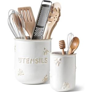 imageLE TAUCI Utensil Holder 69quot53quot Ceramic Kitchen Utensil Holder for Counter top Embossed Cooking Utensil Organizer for Spatula ampamp Spoon Kitchen Decor Set of 2 Arctic White Bee Pattern