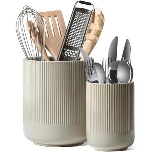 imageLE TAUCI Utensil Holder 73quot54quot Ceramic Kitchen Utensil Holder for Countertop Large Cooking Utensil Crocks for Kitchen Counter Modern Utensil Organizer for Spatula Set of 2 Forest GreenOatmeal Greige